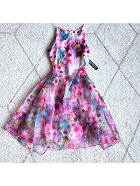 Jones New York NWT Spring Floral Fit & Flare Dress XS Pink Purple Sheer Overlay